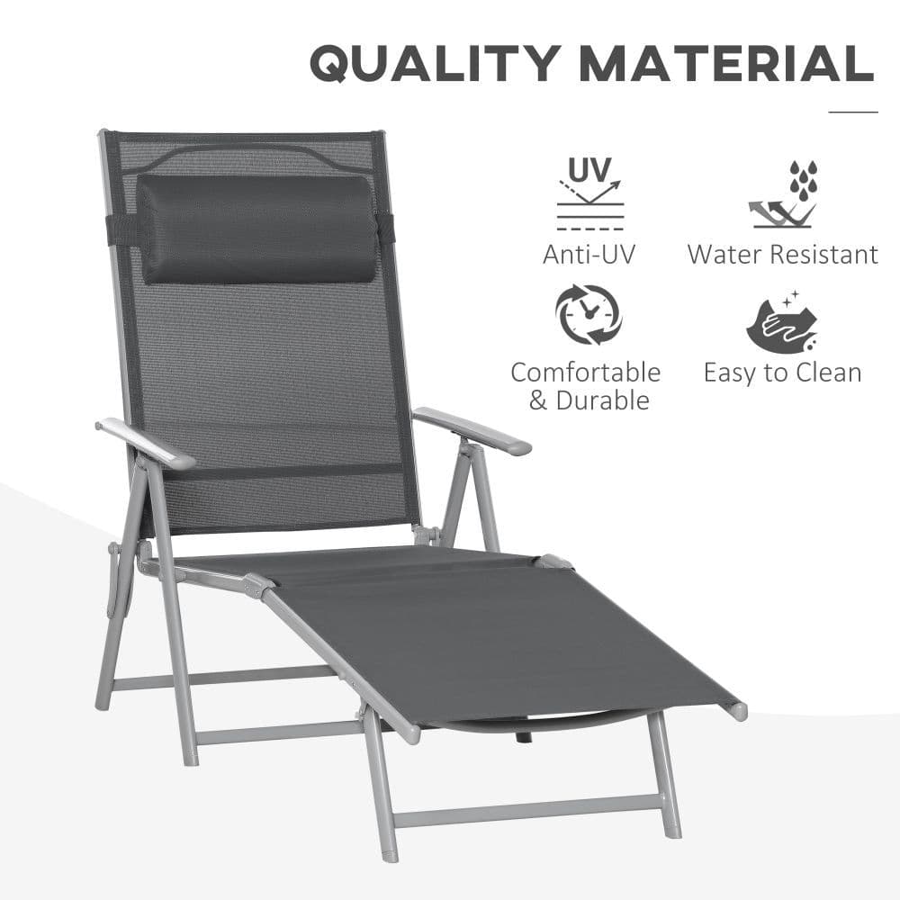 image-Sun Lounger Folding Chaise Chair Recliner & 7 Adjustable Backrest - Dark Grey