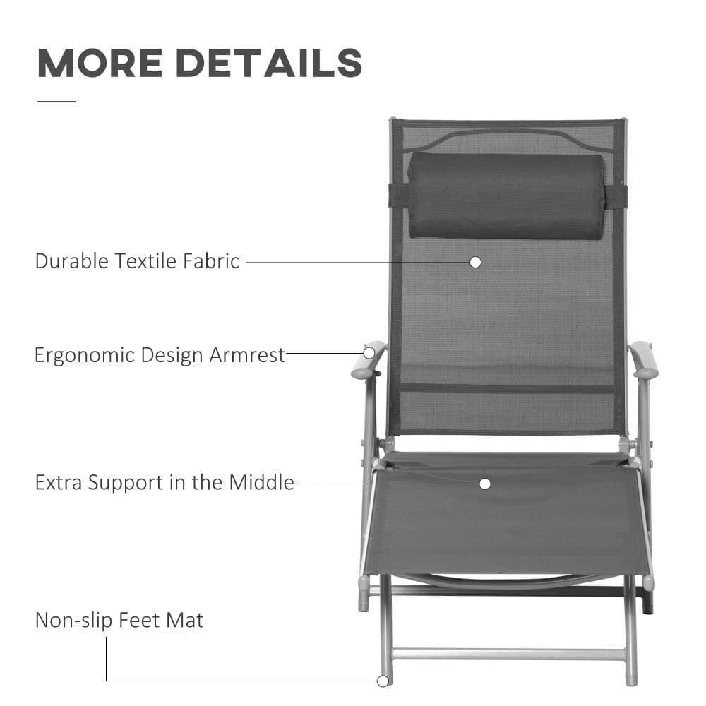 image-Sun Lounger Folding Chaise Chair Recliner & 7 Adjustable Backrest - Dark Grey