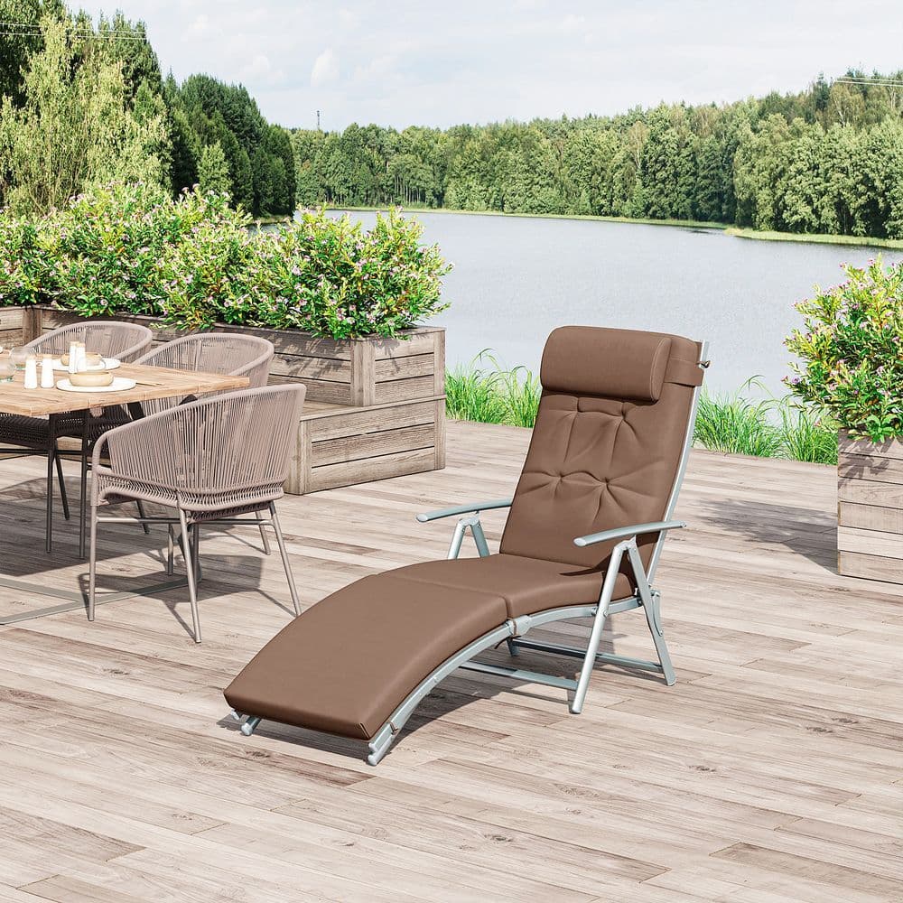image-Outsunny Steel Frame Outdoor Garden Padded Sun Lounger w/ Pillow Brown