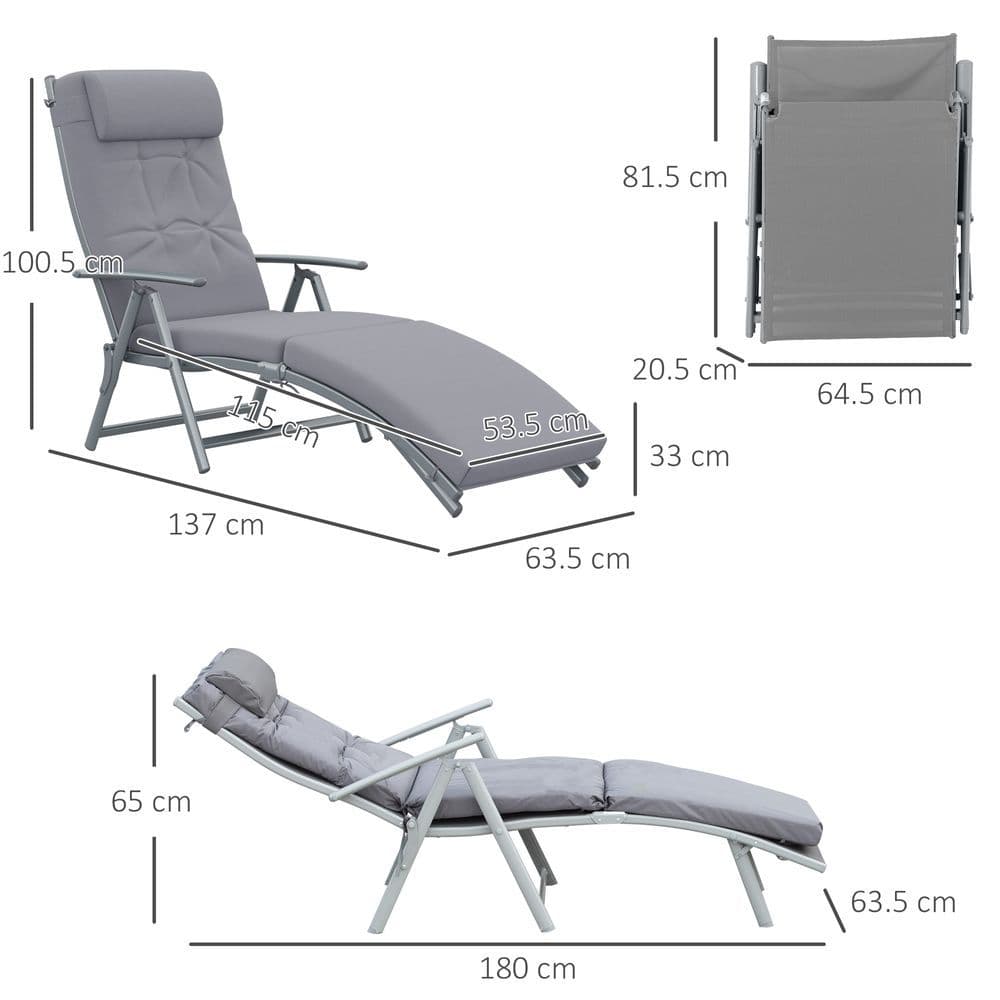 image-Outsunny Steel Frame Outdoor Garden Padded Sun Lounger w/ Pillow Grey