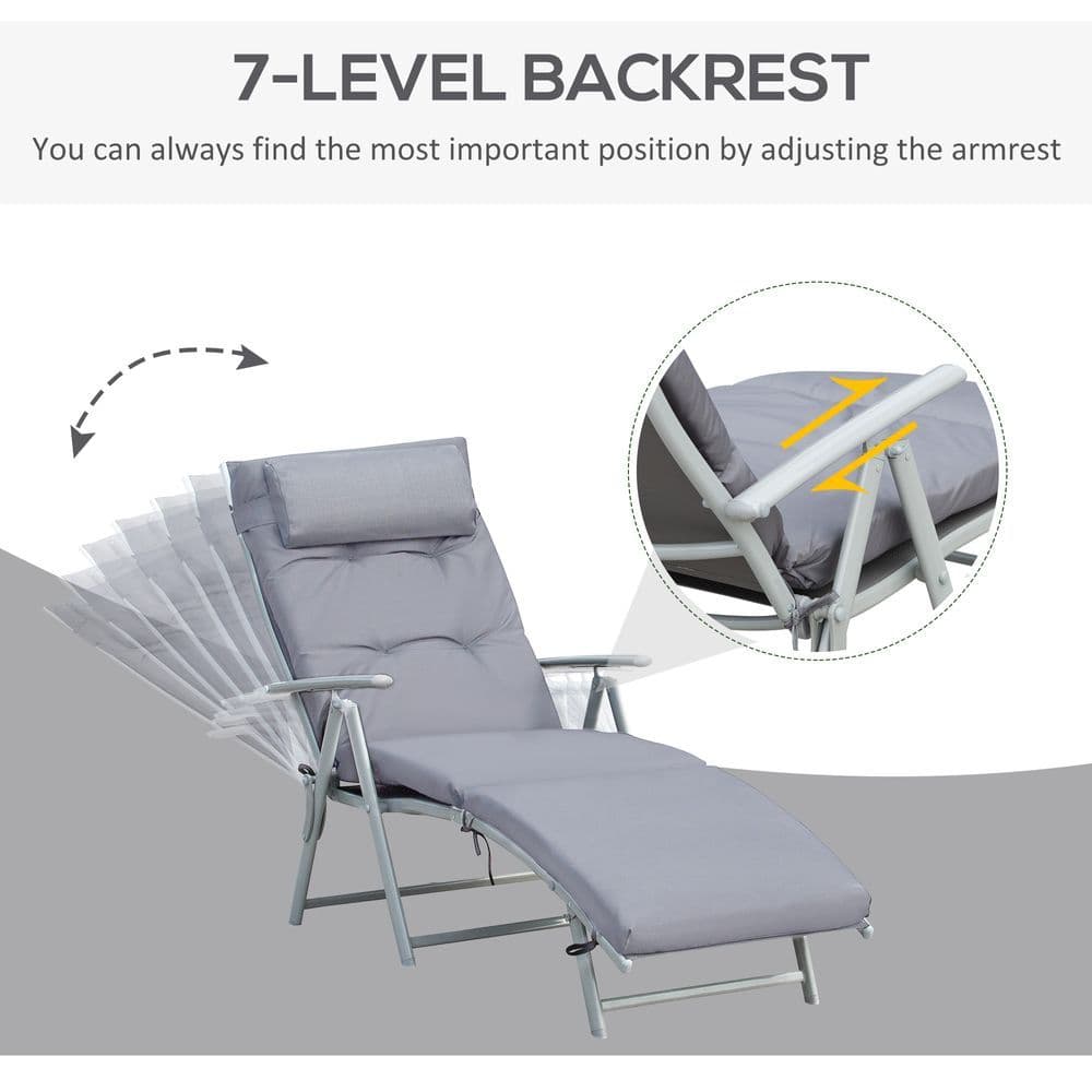 image-Outsunny Steel Frame Outdoor Garden Padded Sun Lounger w/ Pillow Grey