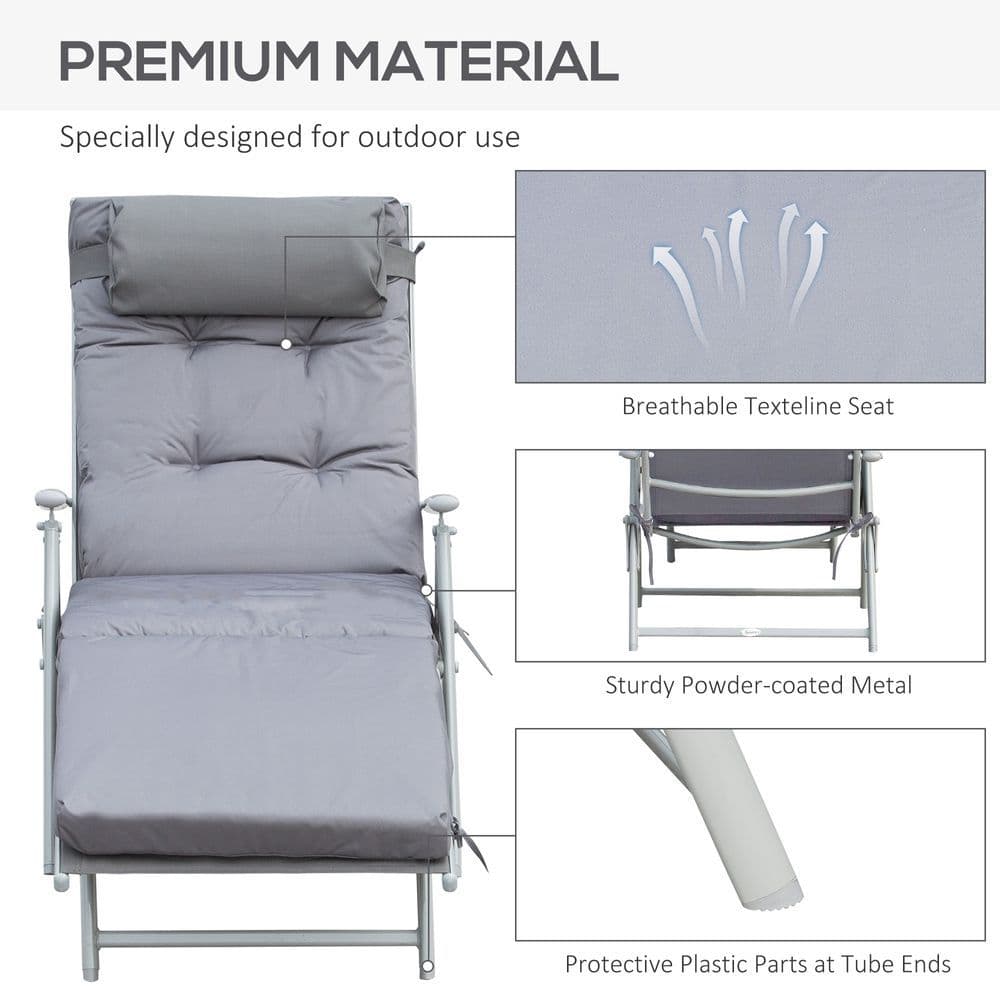image-Outsunny Steel Frame Outdoor Garden Padded Sun Lounger w/ Pillow Grey