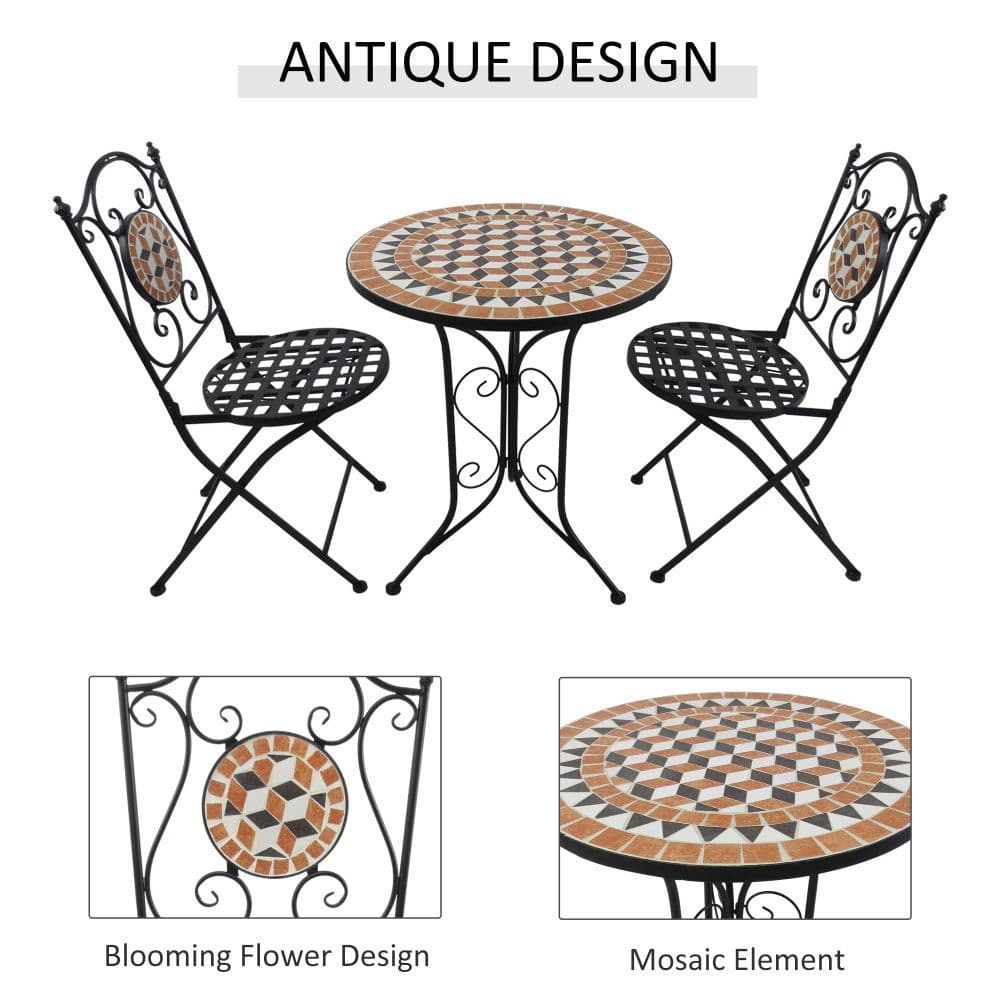 image-Outsunny 3 Pcs Mosaic Bistro Table Chairs Set-Black/Orange/White