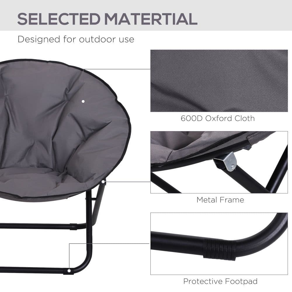 image-Folding Saucer Moon Chair, 80Lx80Wx75H cm, Metal Frame, 600D Oxford Cloth-Grey