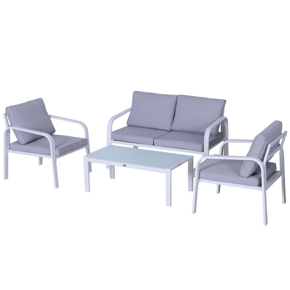 image-Outsunny 4-Seater Outdoor PE Rattan Table and Chairs Set White/Grey