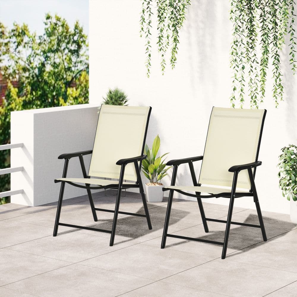 image-Set of 2 Foldable Metal Garden Chairs Dining Seat Yard Furniture Beige