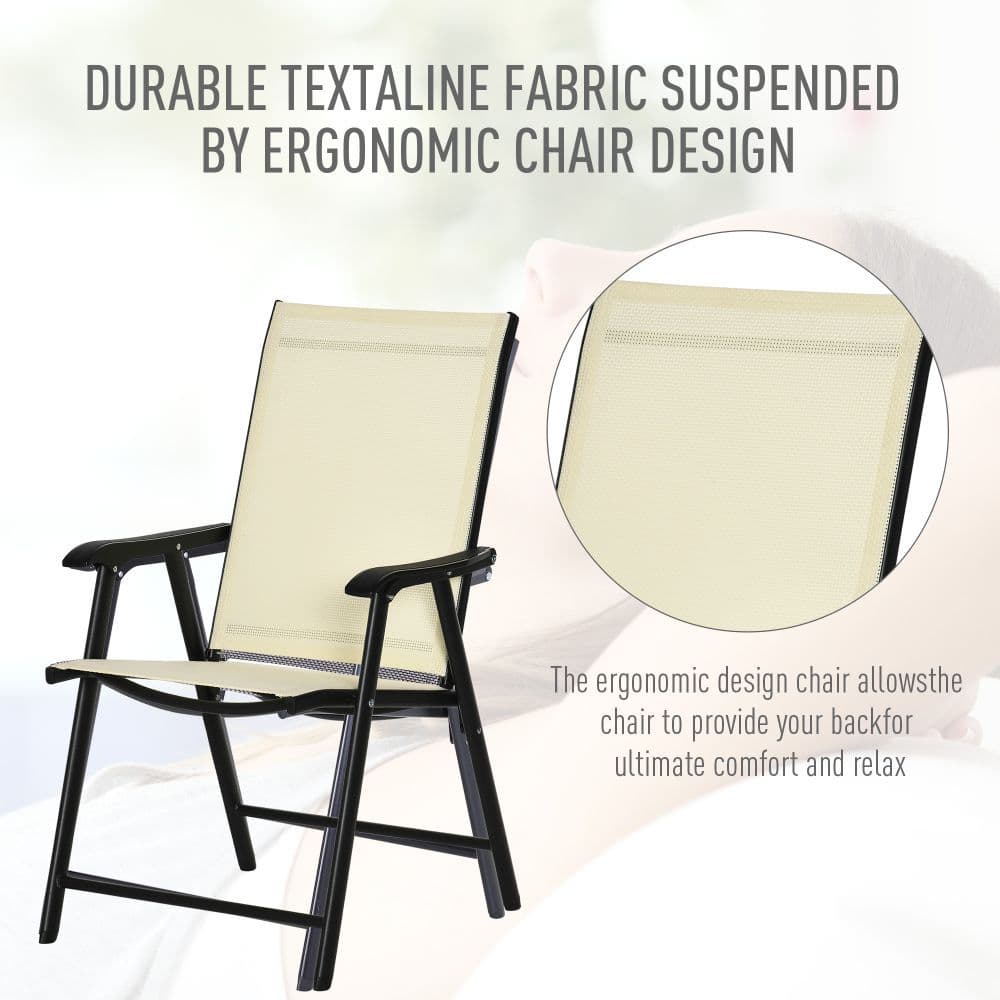 image-Set of 2 Foldable Metal Garden Chairs Dining Seat Yard Furniture Beige