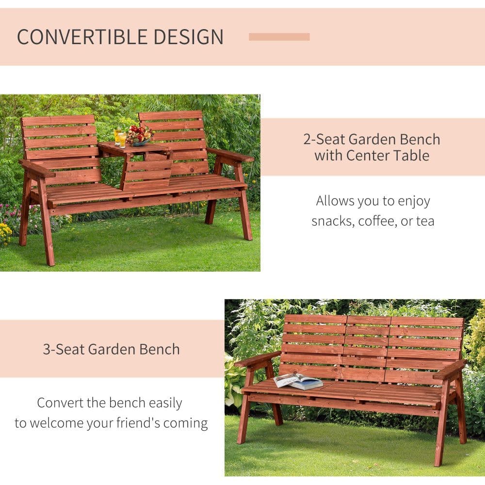 image-Outsunny Fir Wood Convertible 2 to 3 Seater Outdoor Garden Bench Wood Tone