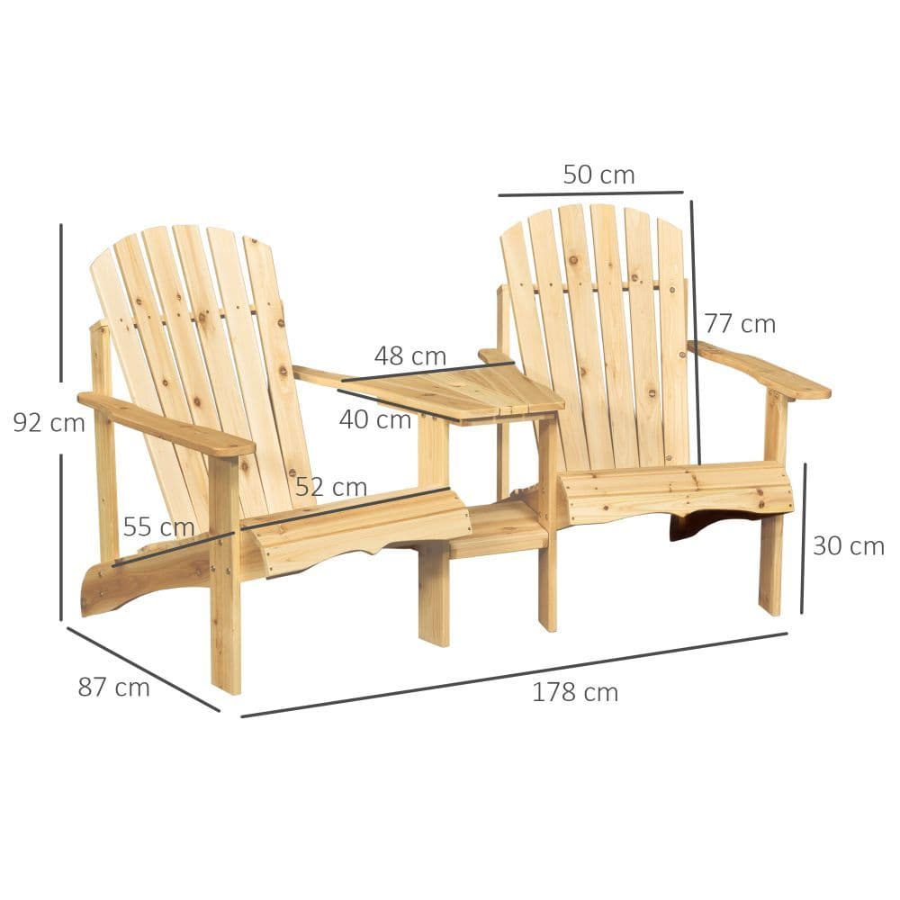 image-Wooden Double Adirondack Chairs Loveseat & Center Table & Umbrella Hole, Natural