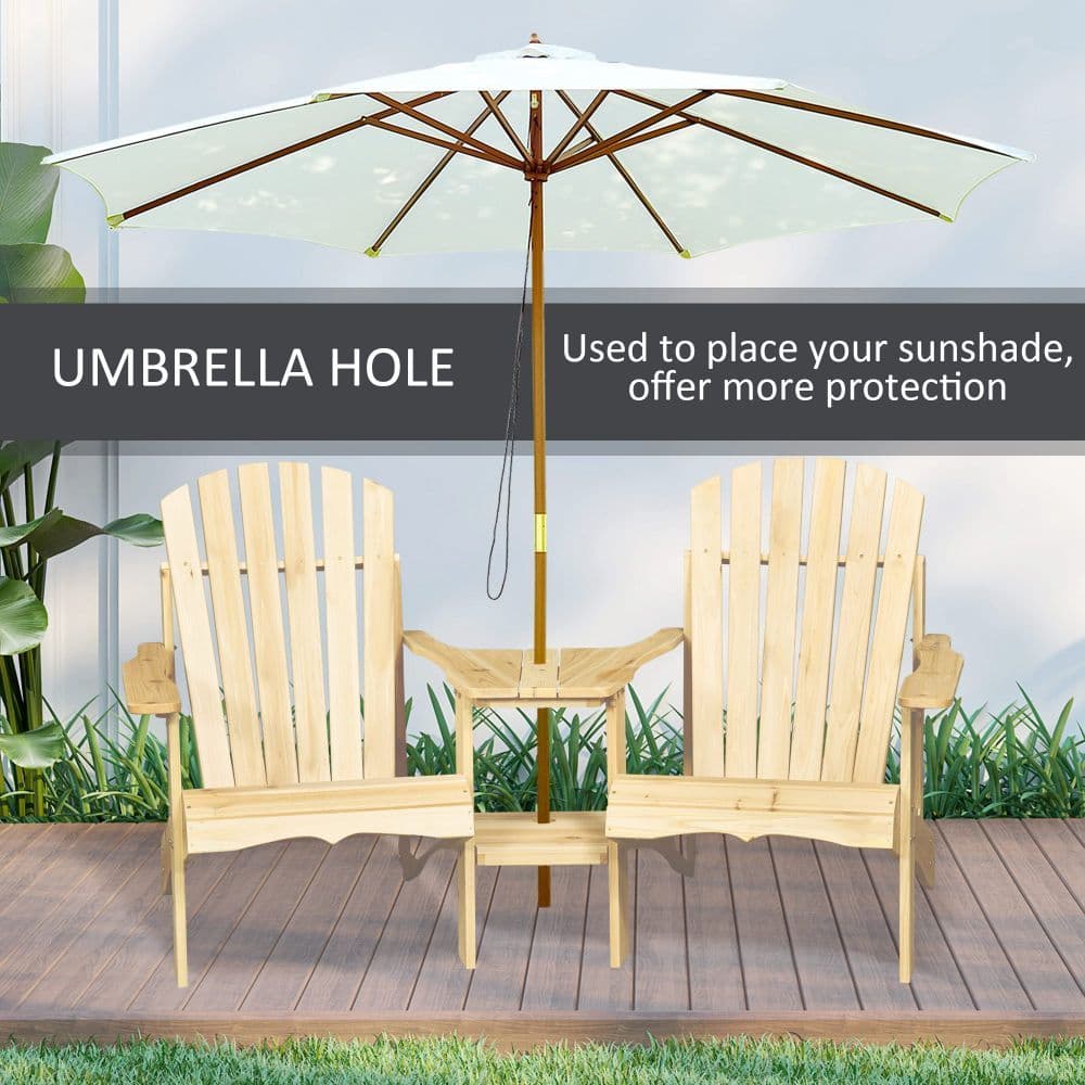 image-Wooden Double Adirondack Chairs Loveseat & Center Table & Umbrella Hole, Natural