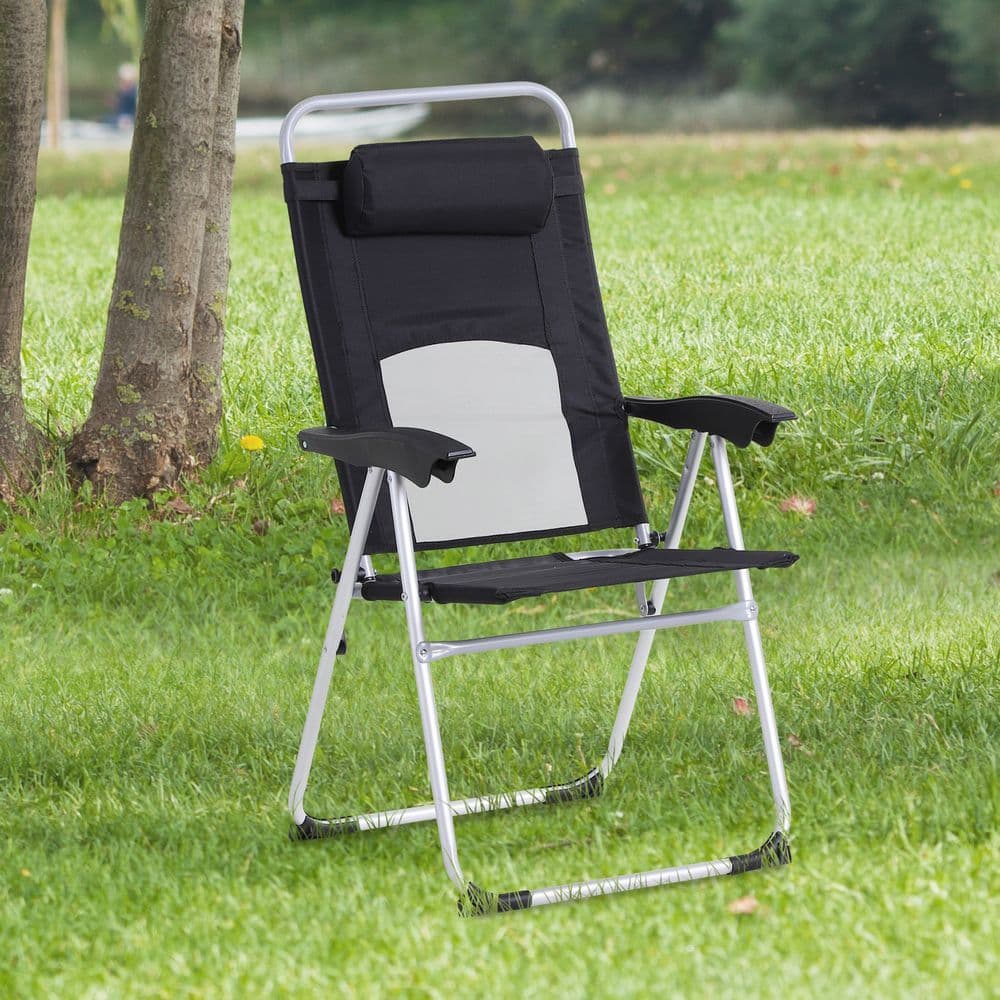 image-Metal Frame 3-Position Adjustable Outdoor Garden Chair w/ Headrest Black