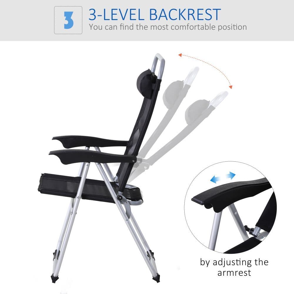 image-Metal Frame 3-Position Adjustable Outdoor Garden Chair w/ Headrest Black