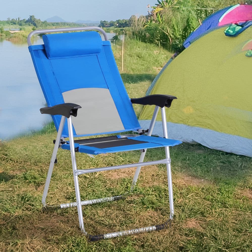image-Metal Frame 3-Position Adjustable Outdoor Garden Chair w/ Headrest Blue