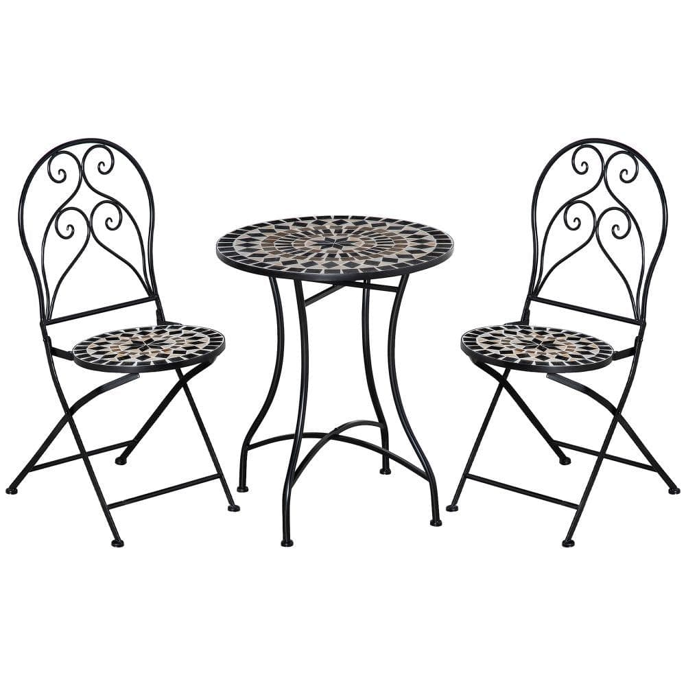 image-3PC Garden Bistro Set with Mosaic Tile Top and Seats, Metal Frame