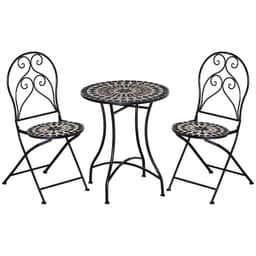 image-3PC Garden Bistro Set with Mosaic Tile Top and Seats, Metal Frame
