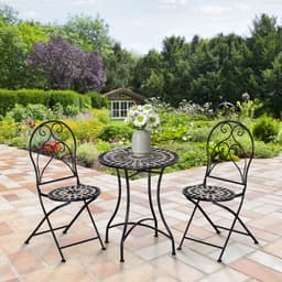image-3PC Garden Bistro Set with Mosaic Tile Top and Seats, Metal Frame