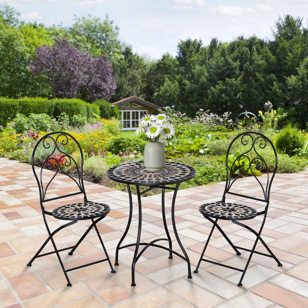 image-3PC Garden Bistro Set with Mosaic Tile Top and Seats, Metal Frame