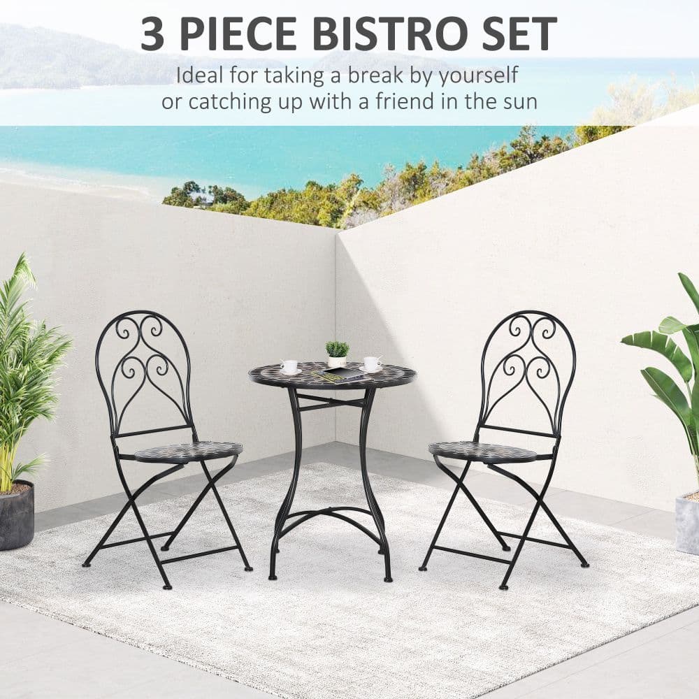 image-3PC Garden Bistro Set with Mosaic Tile Top and Seats, Metal Frame