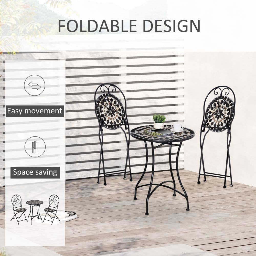 image-3PC Garden Bistro Set with Mosaic Tile Top and Seats, Metal Frame