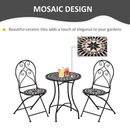 image-3PC Garden Bistro Set with Mosaic Tile Top and Seats, Metal Frame