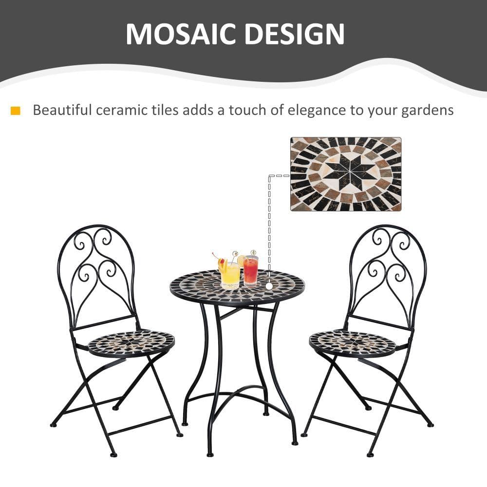 image-3PC Garden Bistro Set with Mosaic Tile Top and Seats, Metal Frame