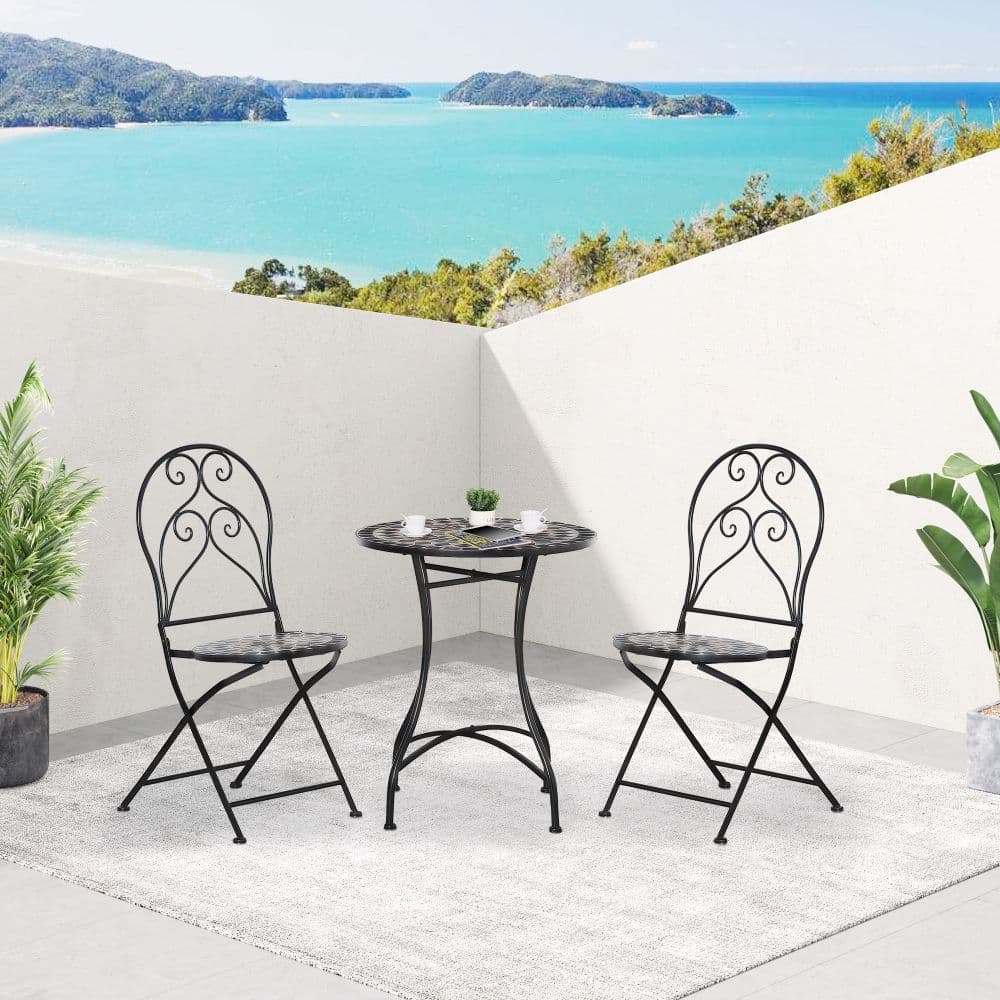 image-3PC Garden Bistro Set with Mosaic Tile Top and Seats, Metal Frame