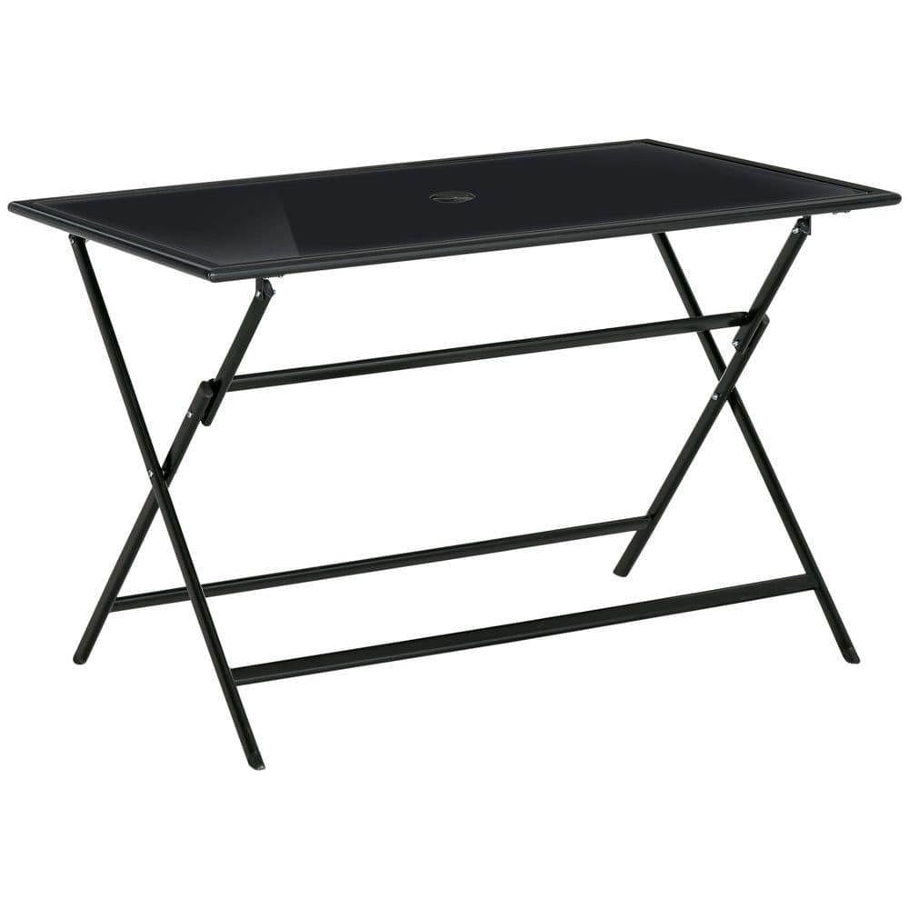 image-Folding Outdoor Table for 6, Rectangle Glass Top with Parasol Hole 110x70x70cm