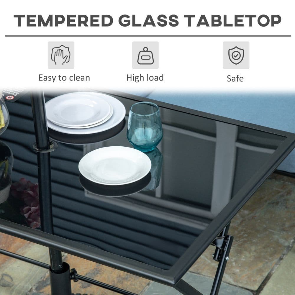 image-Folding Outdoor Table for 6, Rectangle Glass Top with Parasol Hole 110x70x70cm