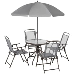 image-6Pc Patio Dining Set with Umbrella, 4 Folding Chairs Glass Table