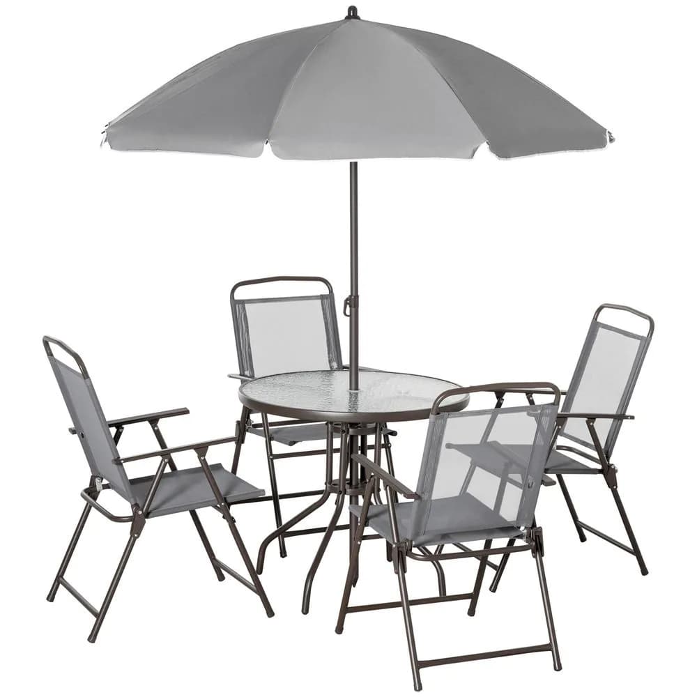image-6Pc Patio Dining Set with Umbrella, 4 Folding Chairs Glass Table