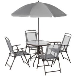 image-6Pc Patio Dining Set with Umbrella, 4 Folding Chairs Glass Table