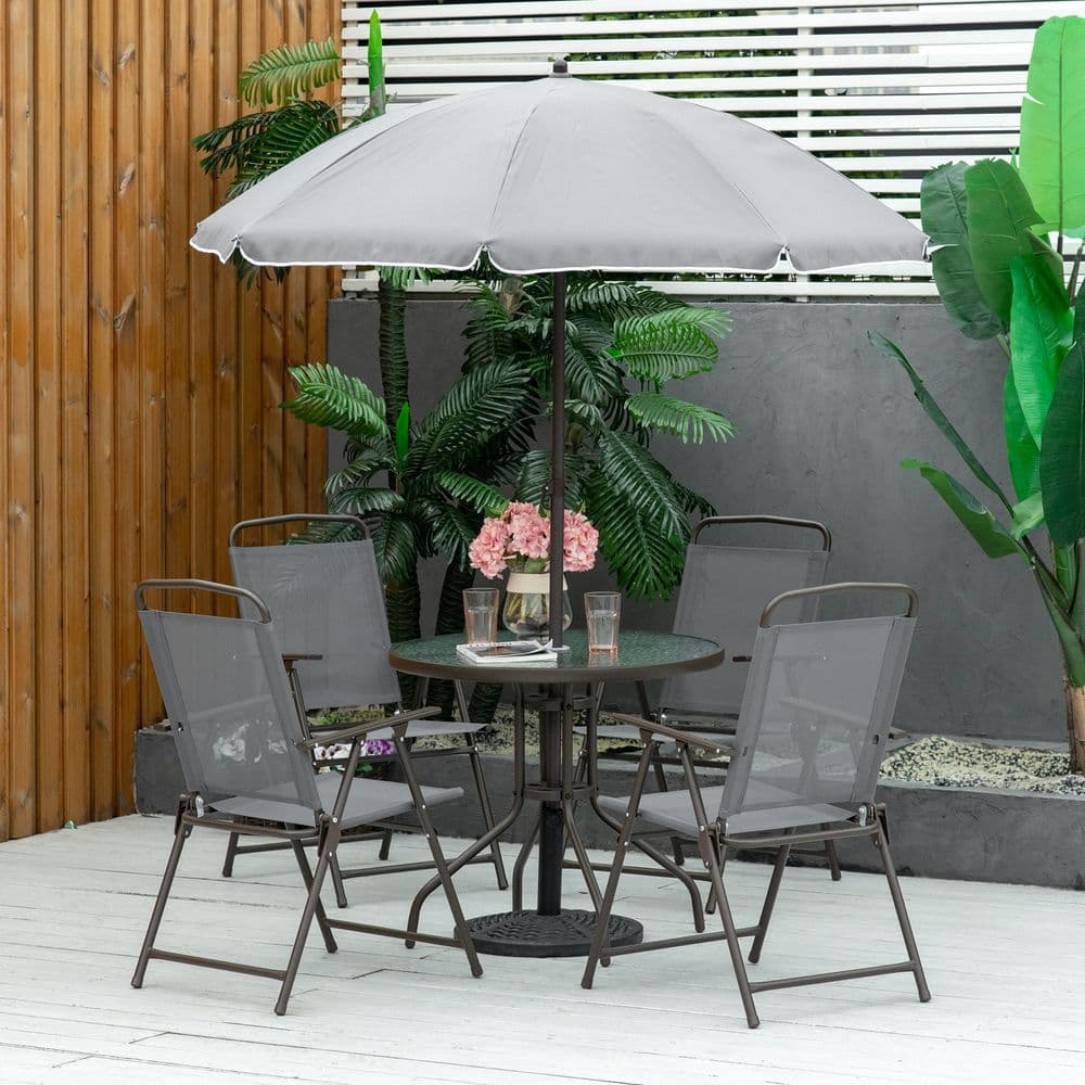 image-6Pc Patio Dining Set with Umbrella, 4 Folding Chairs Glass Table