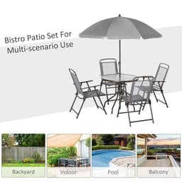 image-6Pc Patio Dining Set with Umbrella, 4 Folding Chairs Glass Table
