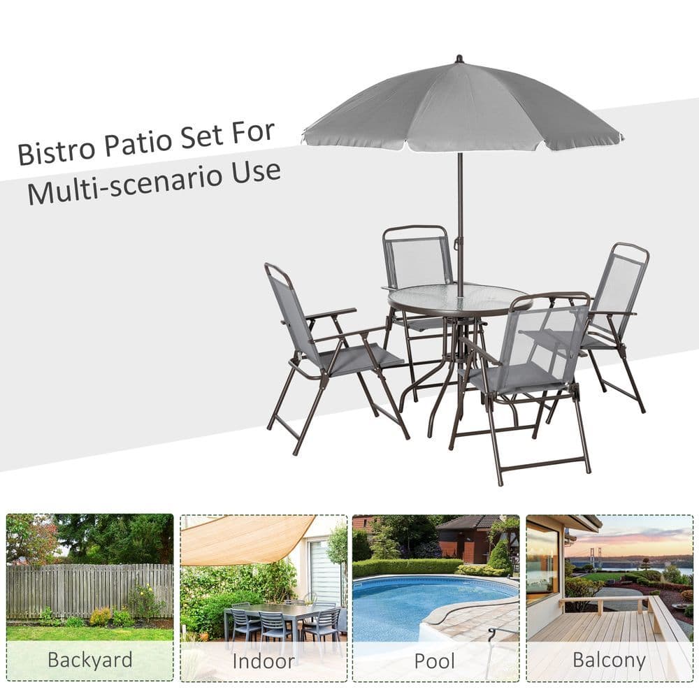 image-6Pc Patio Dining Set with Umbrella, 4 Folding Chairs Glass Table