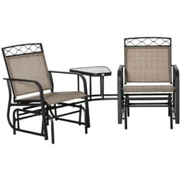 image-Glider Chair, 2 Seater Patio Rocking Chairs, Tempered Glass Table, Brown
