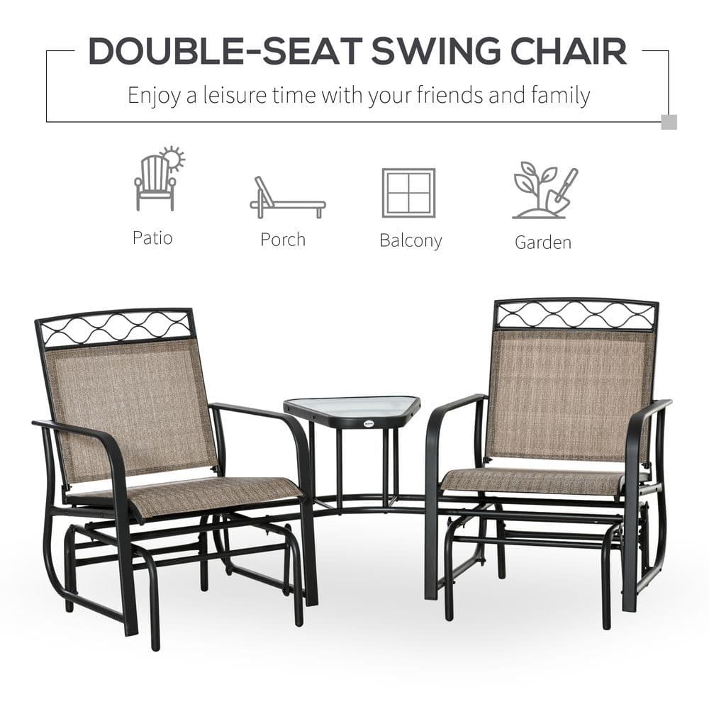 image-Glider Chair, 2 Seater Patio Rocking Chairs, Tempered Glass Table, Brown