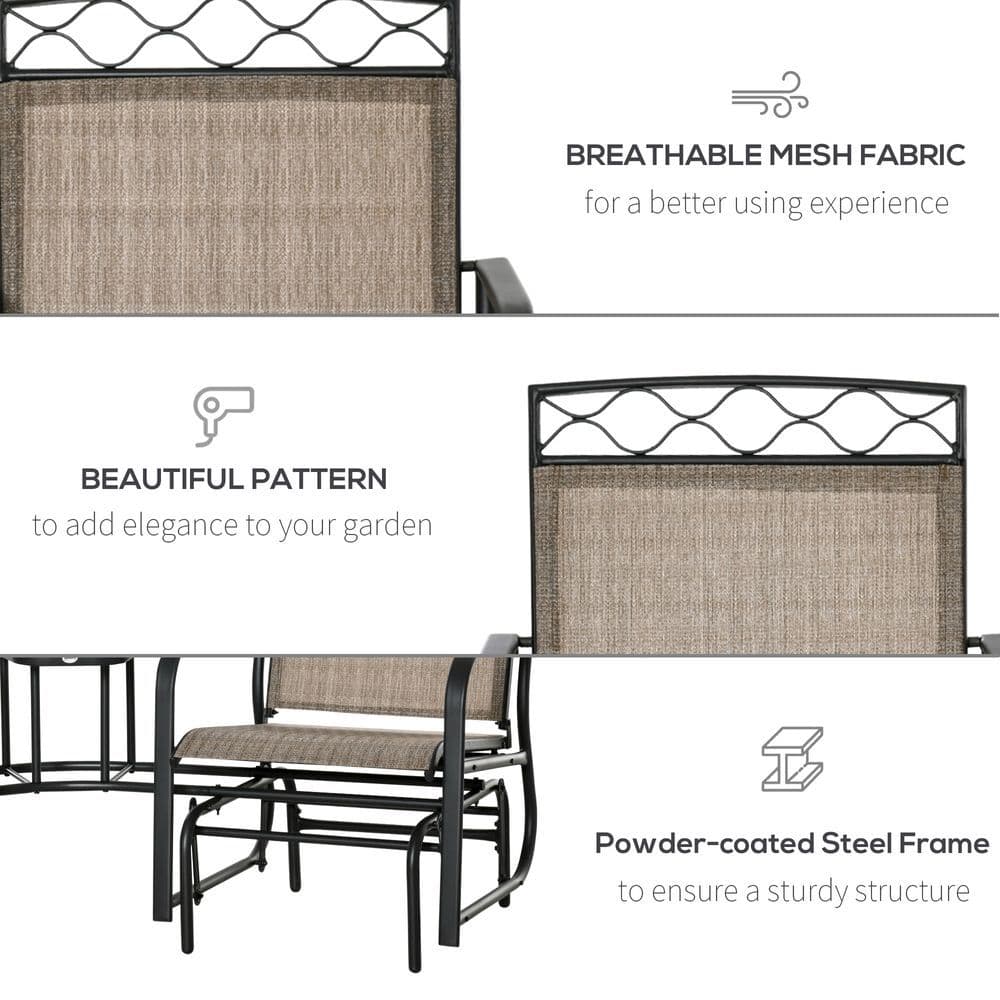 image-Glider Chair, 2 Seater Patio Rocking Chairs, Tempered Glass Table, Brown