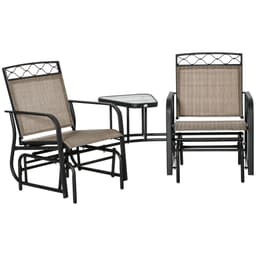 image-Glider Chair, 2 Seater Patio Rocking Chairs, Tempered Glass Table, Brown