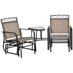 image-Glider Chair, 2 Seater Patio Rocking Chairs, Tempered Glass Table, Brown