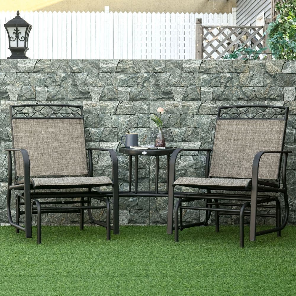 image-Glider Chair, 2 Seater Patio Rocking Chairs, Tempered Glass Table, Brown