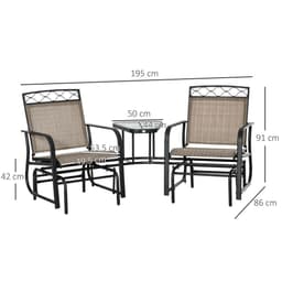 image-Glider Chair, 2 Seater Patio Rocking Chairs, Tempered Glass Table, Brown