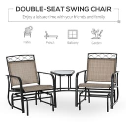 image-Glider Chair, 2 Seater Patio Rocking Chairs, Tempered Glass Table, Brown