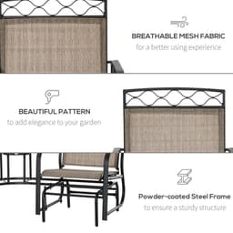 image-Glider Chair, 2 Seater Patio Rocking Chairs, Tempered Glass Table, Brown