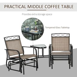 image-Glider Chair, 2 Seater Patio Rocking Chairs, Tempered Glass Table, Brown