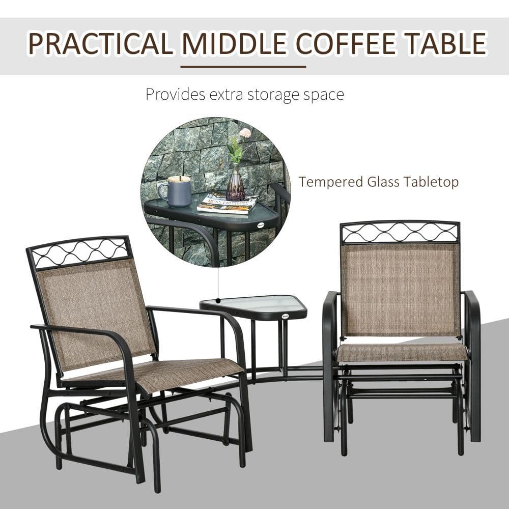 image-Glider Chair, 2 Seater Patio Rocking Chairs, Tempered Glass Table, Brown