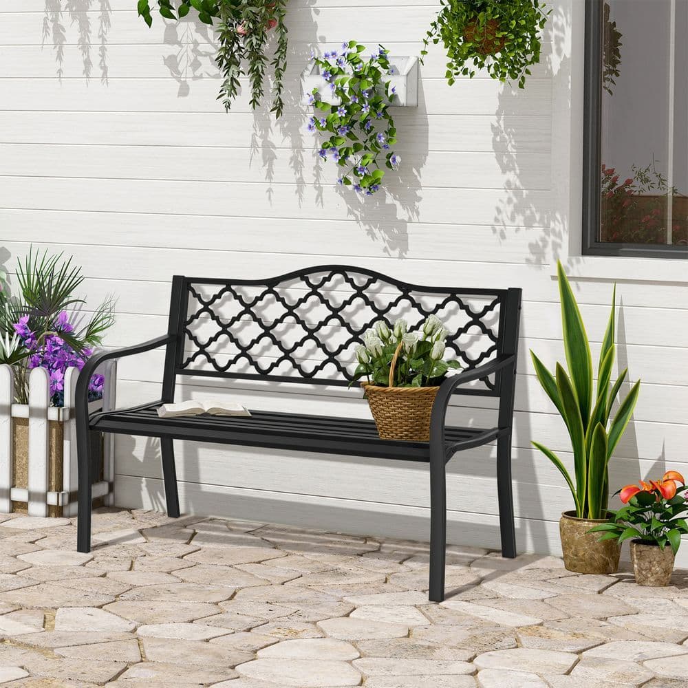 image-2-Seater Outdoor Garden Bench Antique Steel Armrest,