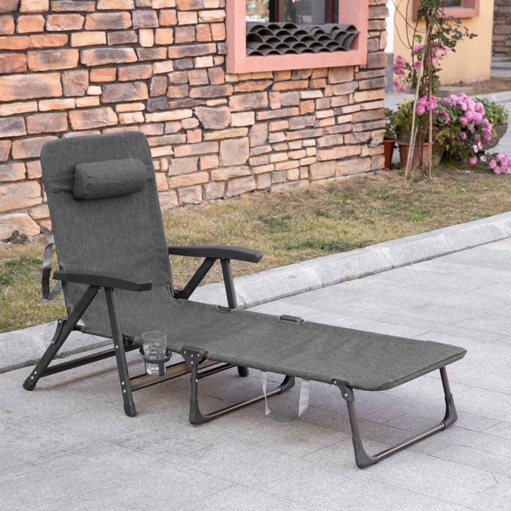 image-Folding Mesh Fabric Lounge Chair, 7-Reclining Position Pillow Dark Grey Sling