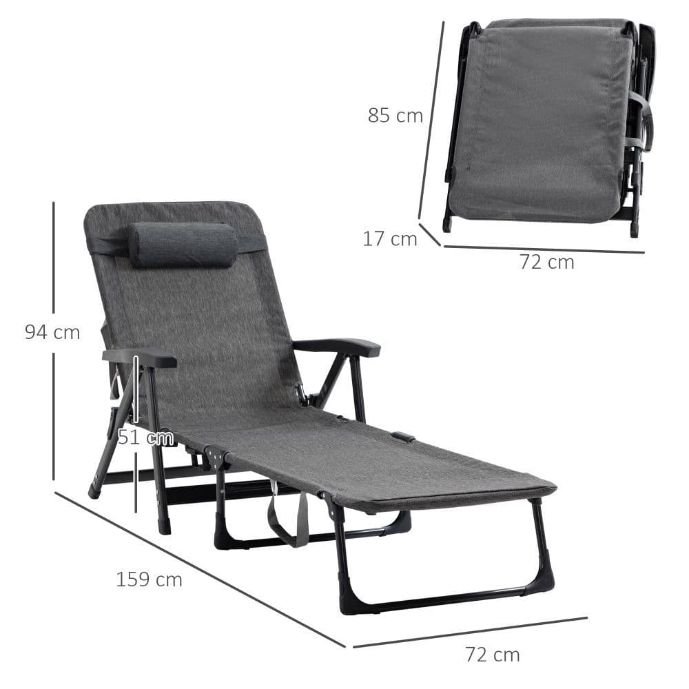 image-Folding Mesh Fabric Lounge Chair, 7-Reclining Position Pillow Dark Grey Sling