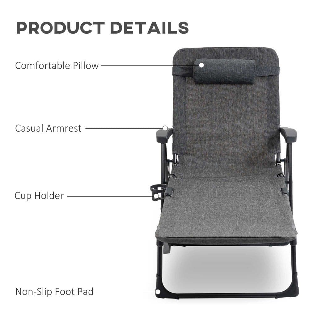 image-Folding Mesh Fabric Lounge Chair, 7-Reclining Position Pillow Dark Grey Sling