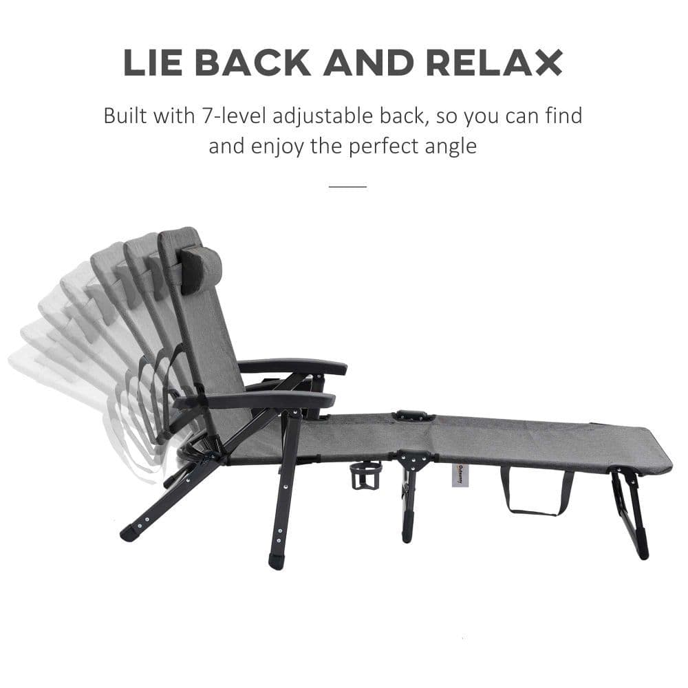 image-Folding Mesh Fabric Lounge Chair, 7-Reclining Position Pillow Dark Grey Sling